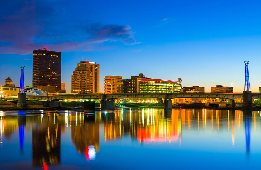 Downtown Dayton skyline at dusk
